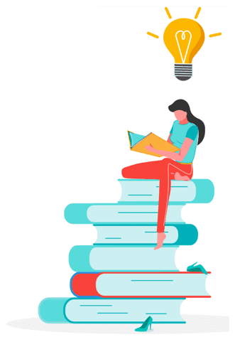 woman sitting on books